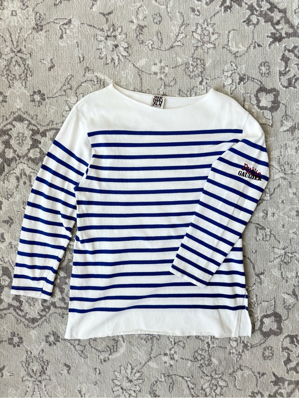 JPG by Gaultier White and Blue Striped Breton Cotton LS T-Shirt - Made in Italy - Picture 2 of 7